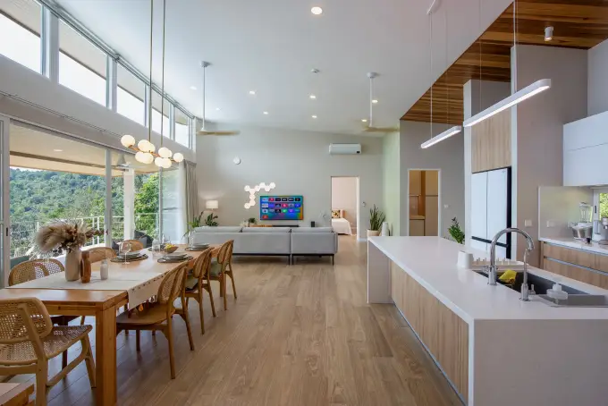 Open-plan dining and custom kitchen